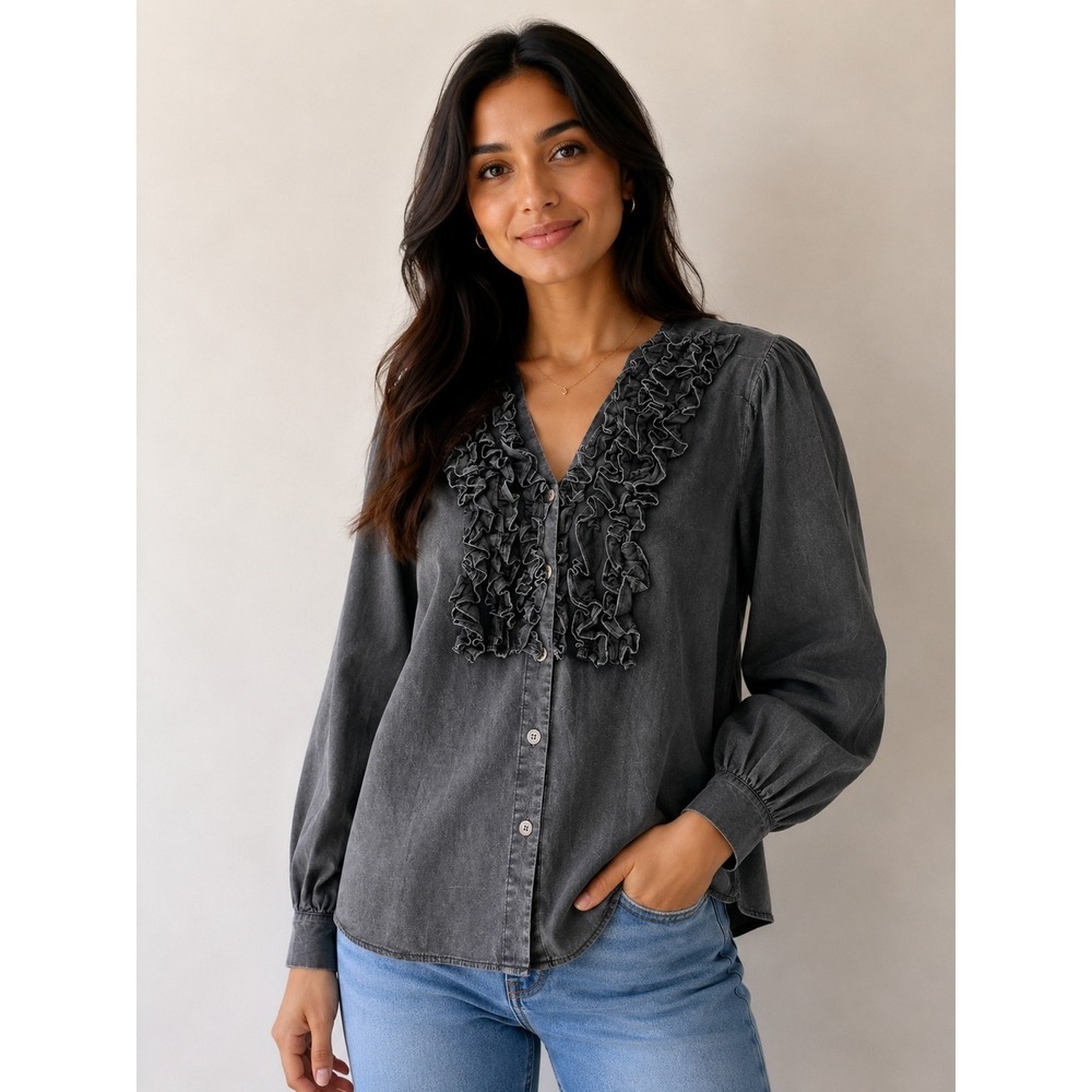 POL Ruffle Boho Romantic Chambray Sz M Gray Top Festival Whimsical Blouse Shirt